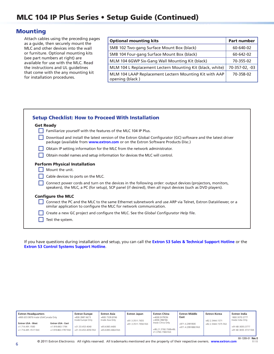 Extron electronic MLC 104 IP PLUS setup guide Mounting, Setup Checklist How to Proceed With Installation 