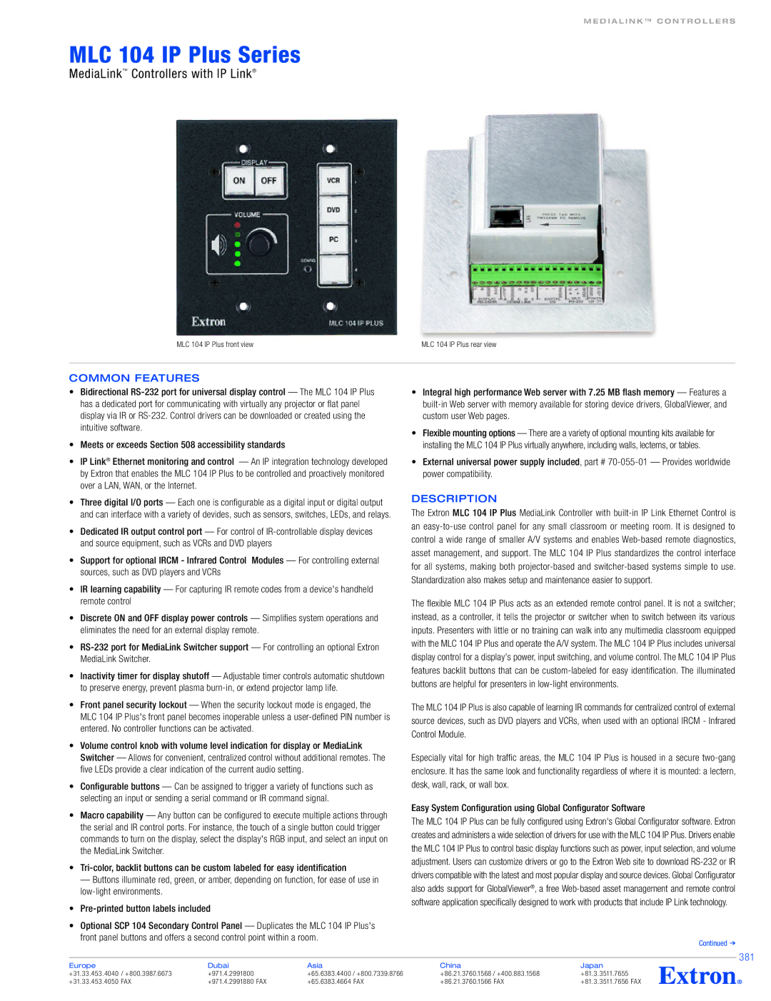 Extron electronic MLC 104 IP PLUS specifications MLC 104 IP Plus Series, MediaLink Controllers with IP Link, 381 