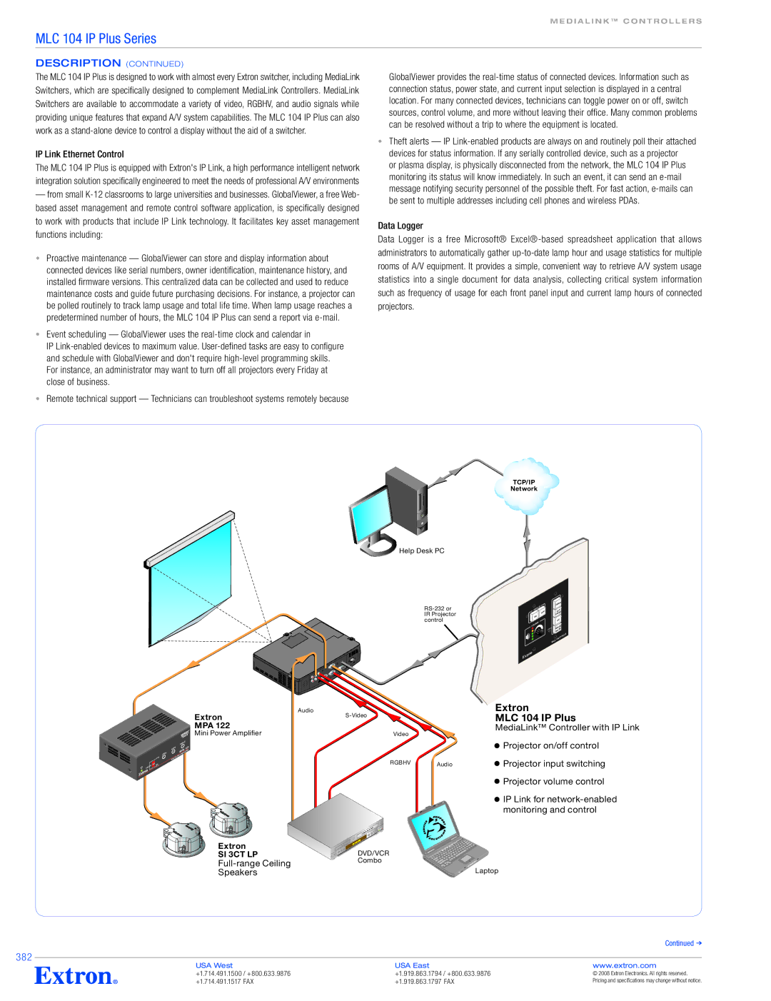 Extron electronic MLC 104 IP PLUS specifications Description, 382, IP Link Ethernet Control, Data Logger 