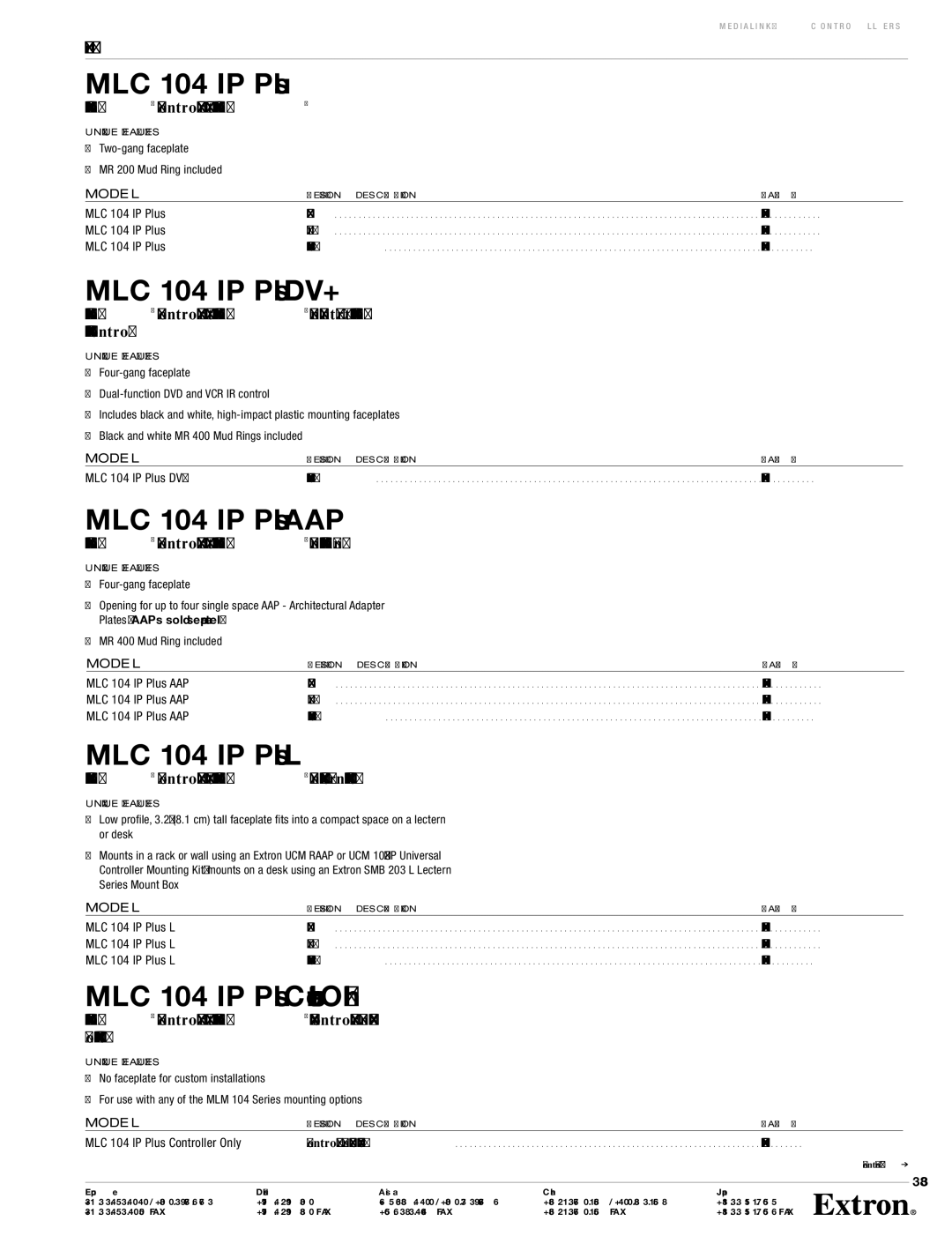 Extron electronic MLC 104 IP PLUS specifications MLC 104 IP Plus DV+, MLC 104 IP Plus AAP, MLC 104 IP Plus L 