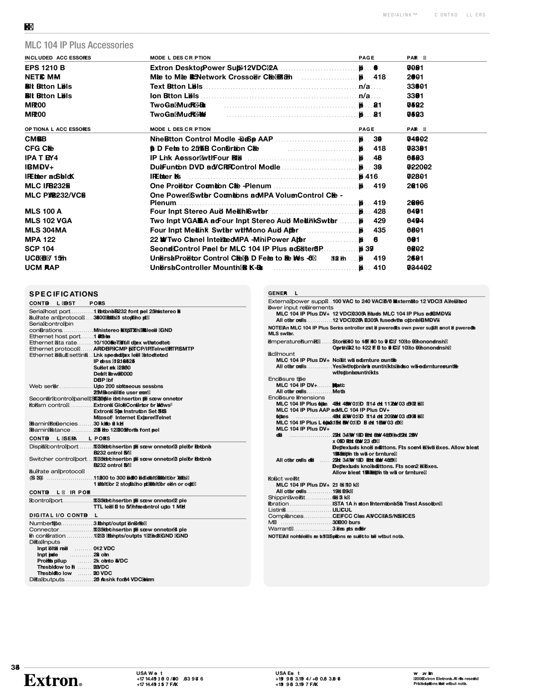 Extron electronic MLC 104 IP PLUS specifications MLC 104 IP Plus Accessories, 384 