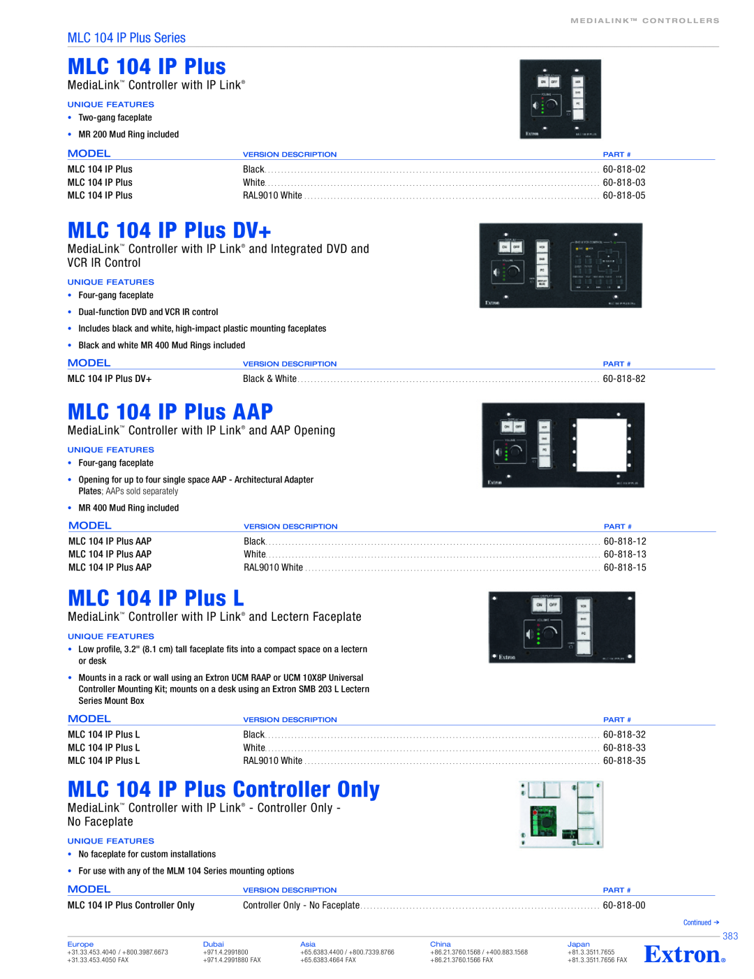 Extron electronic MLC 104 IP PLUS MLC 104 IP Plus DV+, MLC 104 IP Plus AAP, MLC 104 IP Plus L, VCR IR Control, Model 