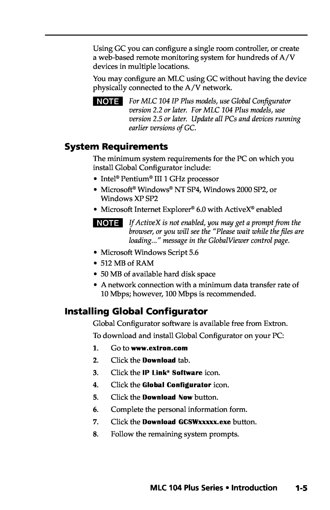 Extron electronic MLC 104 Plus Series setup guide System Requirements, Installing Global Configurator 