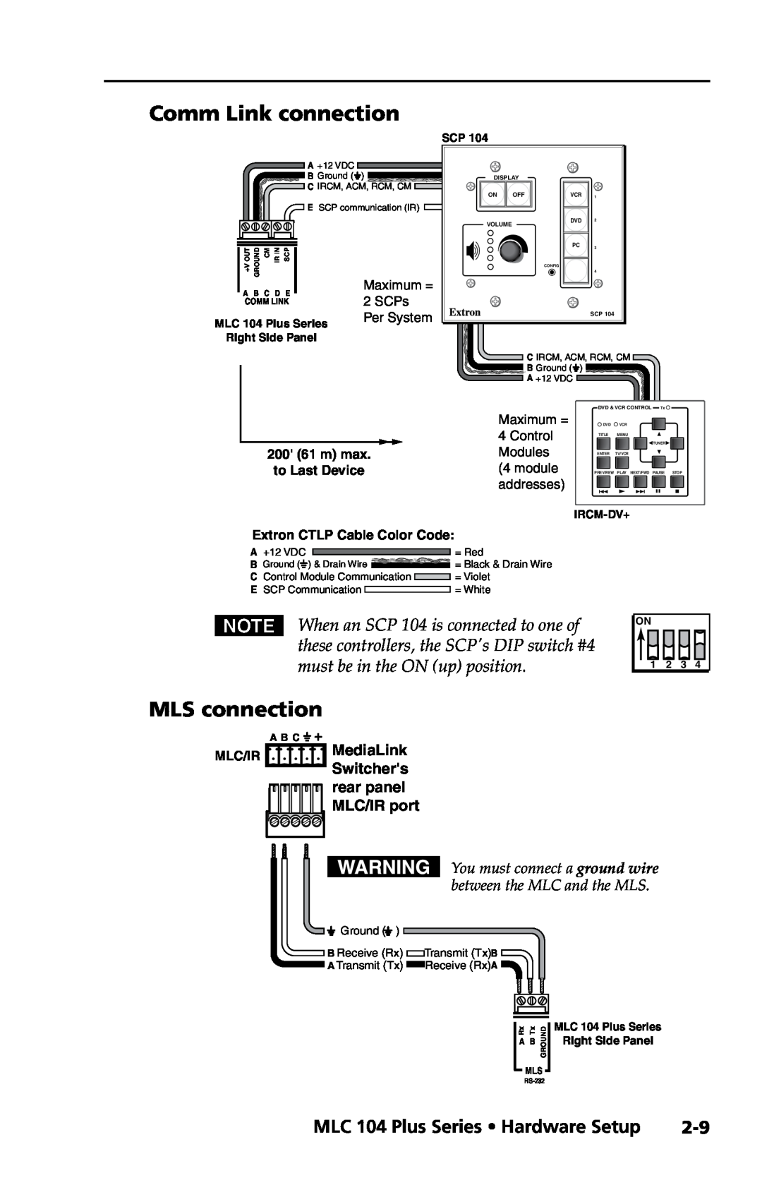 Extron electronic setup guide Comm Link connection, MLS connection, MLC 104 Plus Series Hardware Setup 