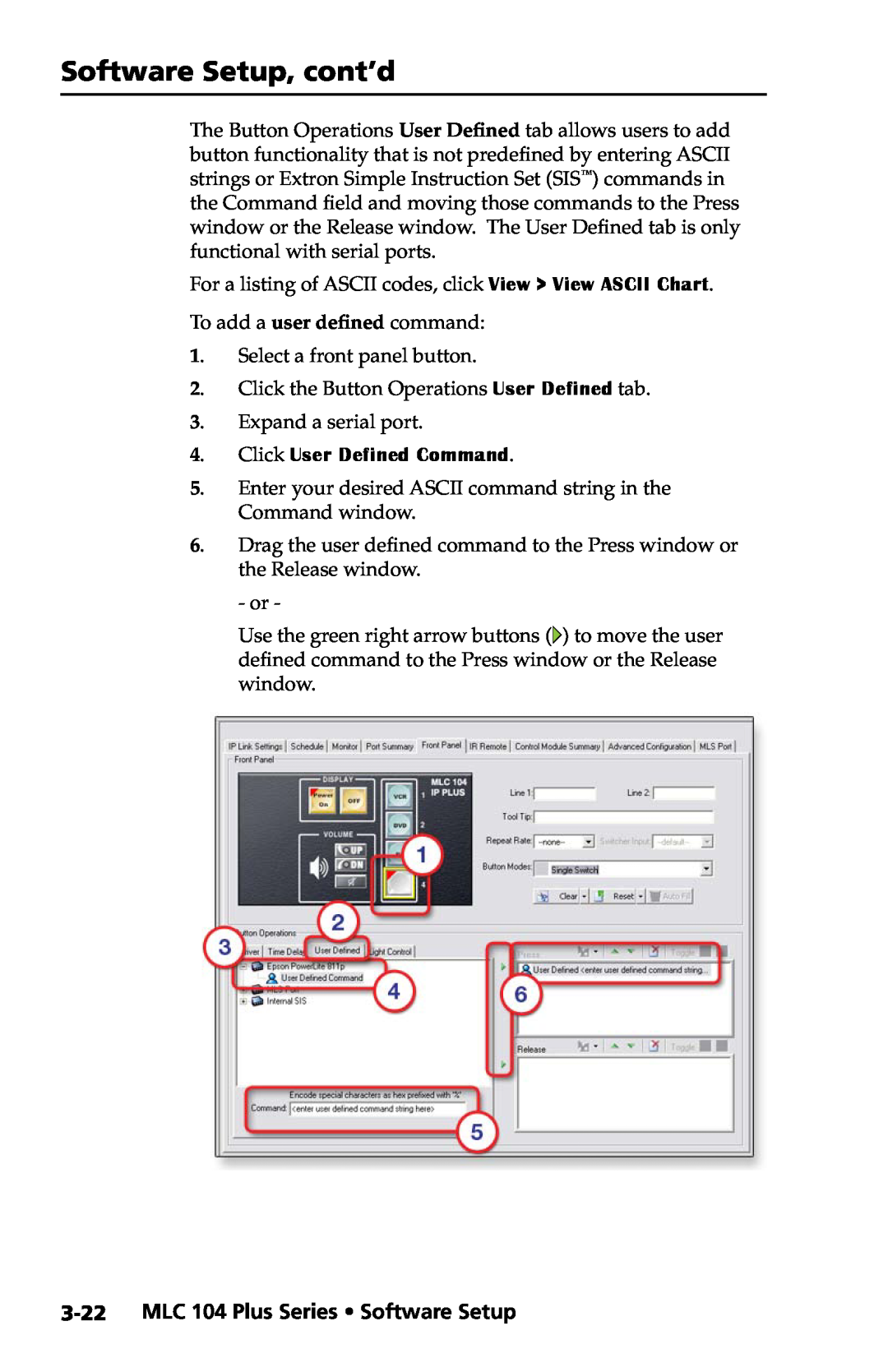 Extron electronic setup guide MLC 104 Plus Series Software Setup, Click User Defined Command, Software Setup, cont’d 