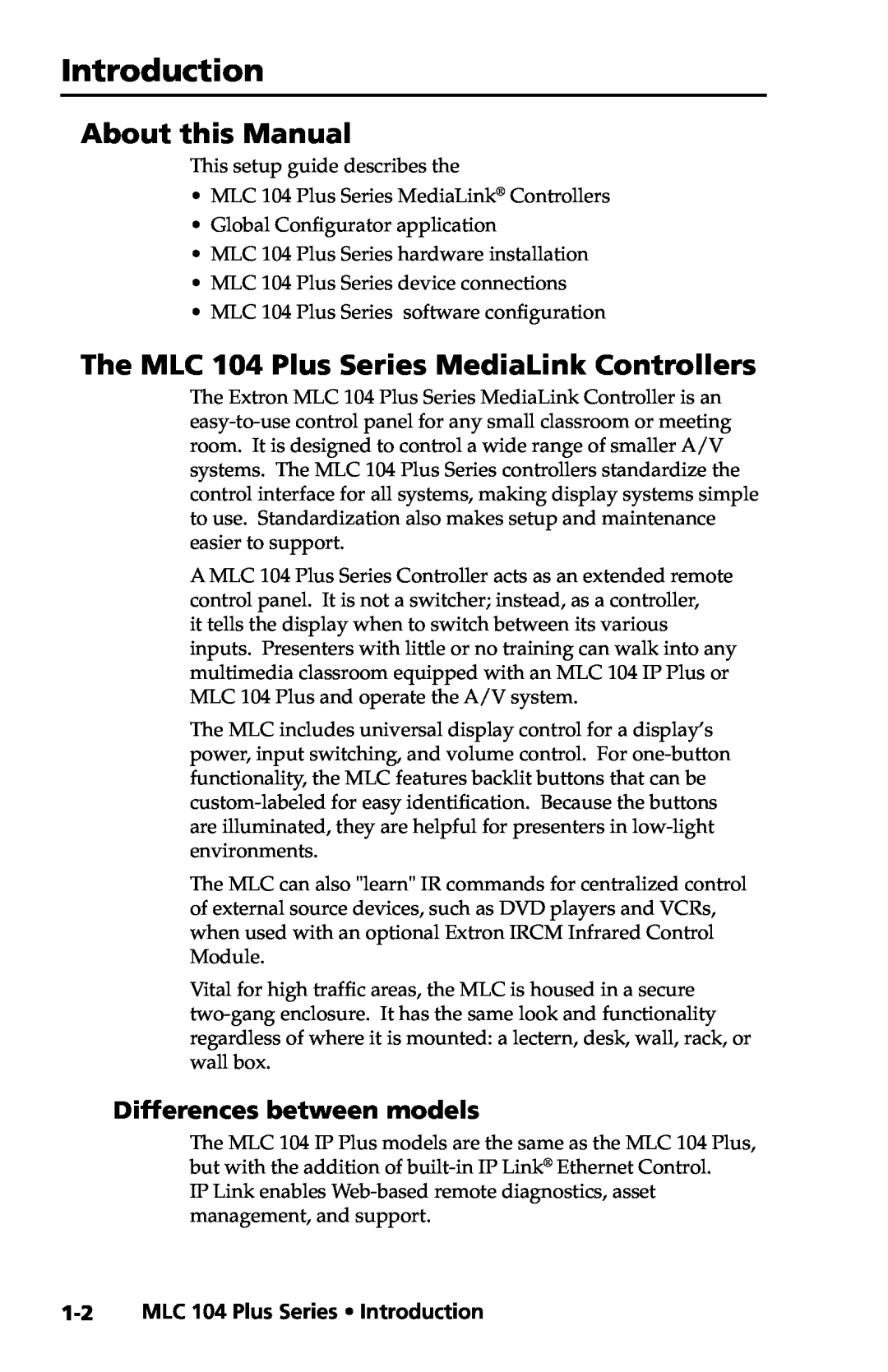 Extron electronic setup guide Introduction, About this Manual, The MLC 104 Plus Series MediaLink Controllers 