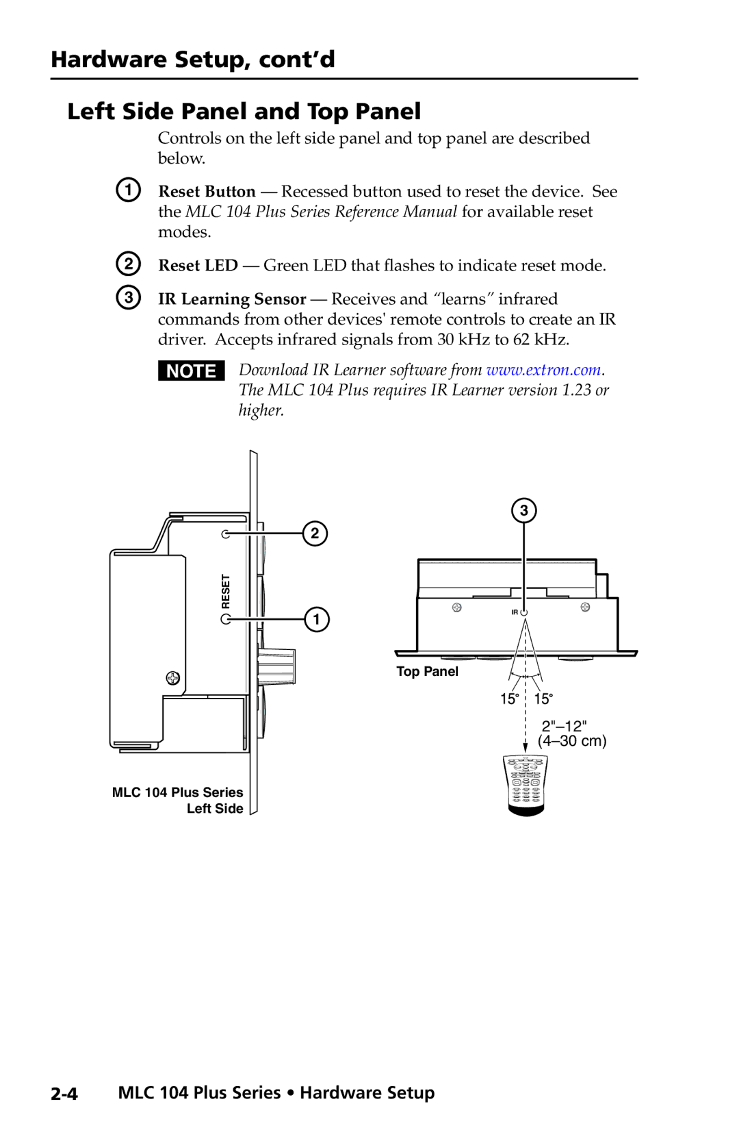 Extron electronic MLC 104 Plus Series setup guide Hardware Setup, cont’d Left Side Panel and Top Panel 