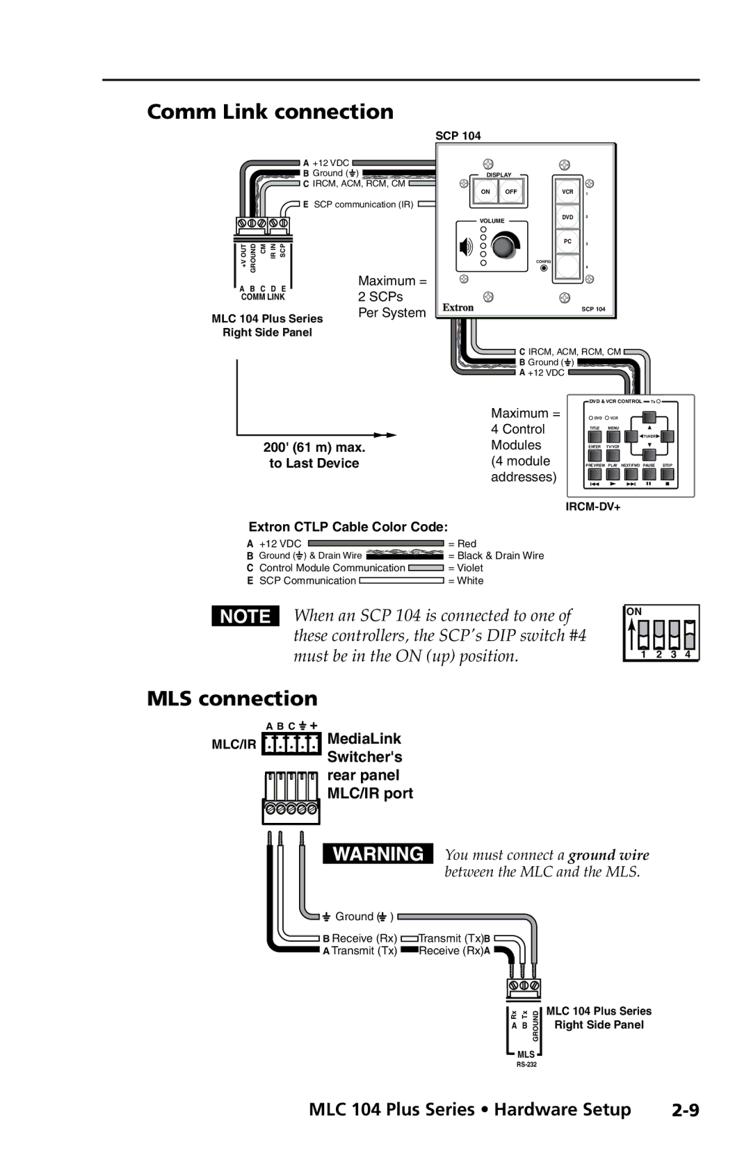 Extron electronic MLC 104 Plus Series setup guide Comm Link connection, MLS connection 