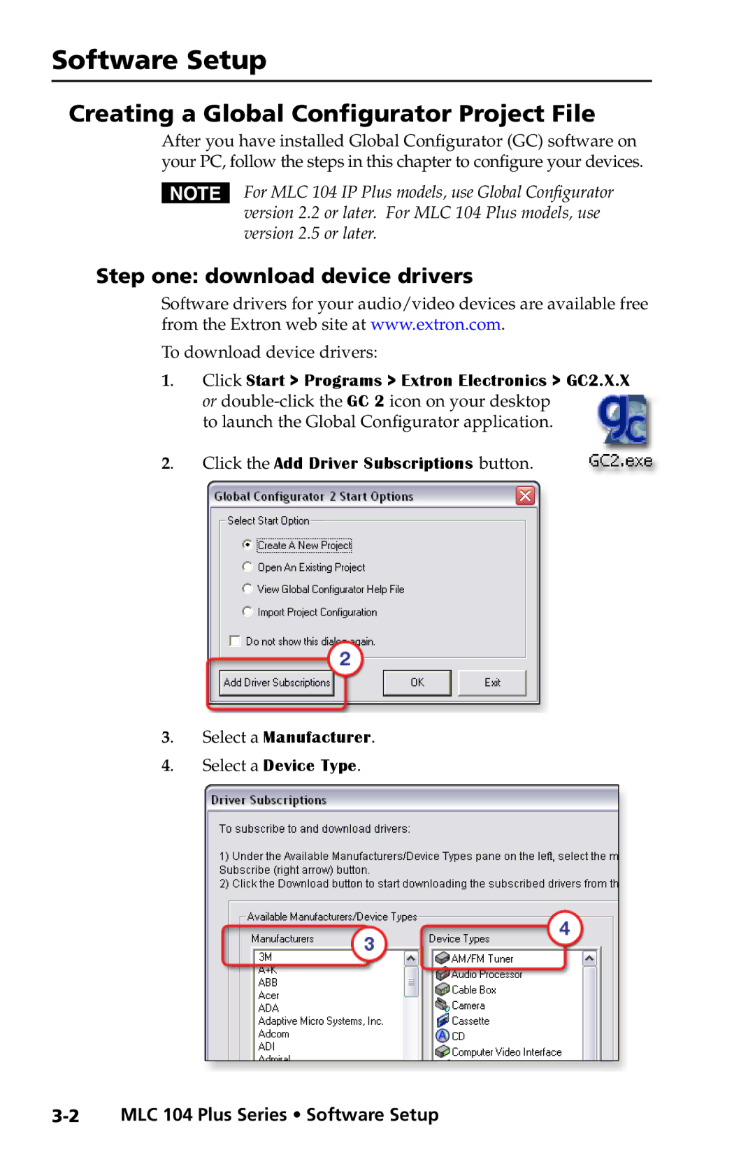 Extron electronic MLC 104 Plus Series Creating a Global Configurator Project File, Step one download device drivers 