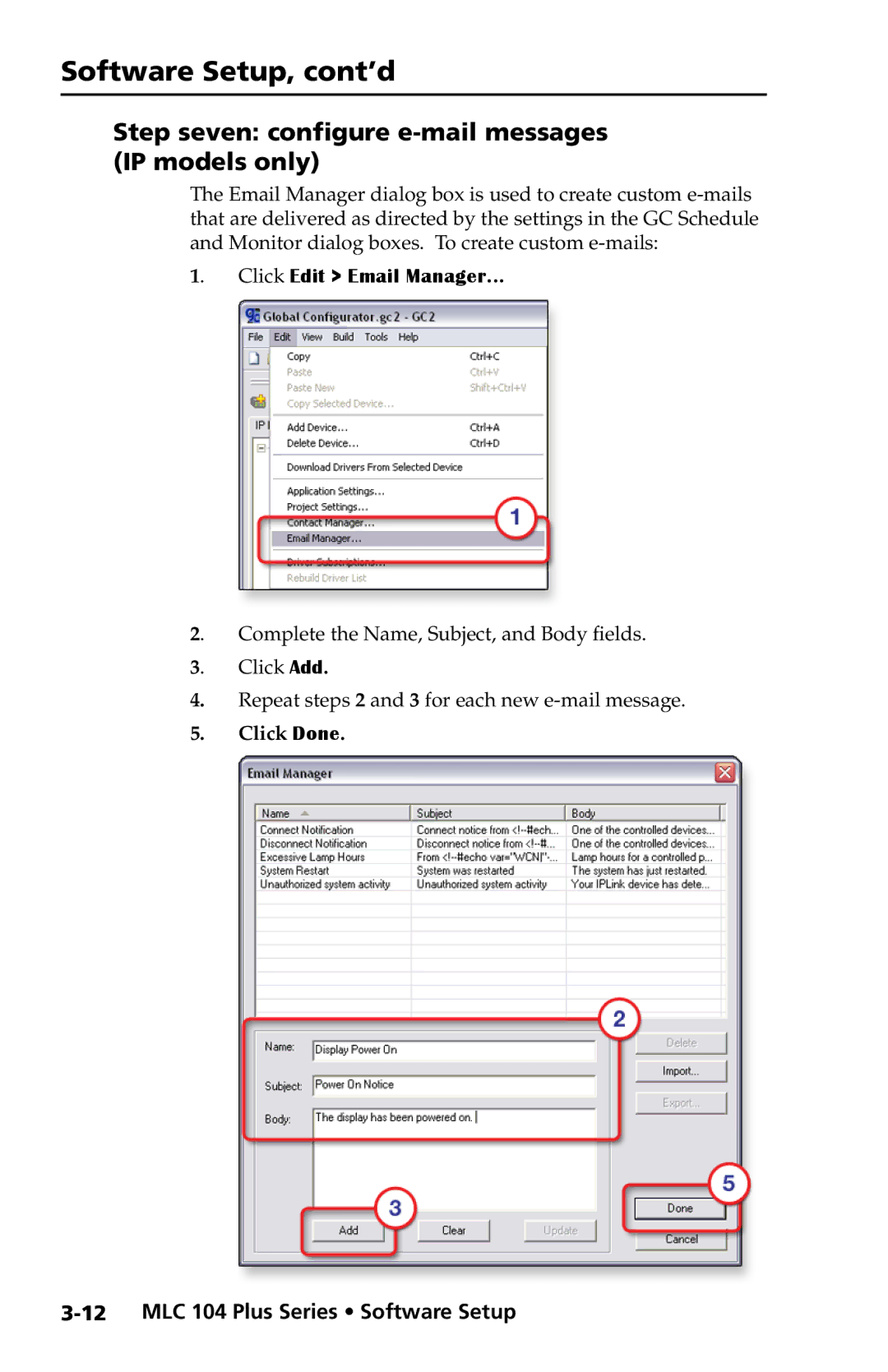 Extron electronic MLC 104 Plus Series Step seven configure e‑mail messages IP models only, Click Edit Email Manager 