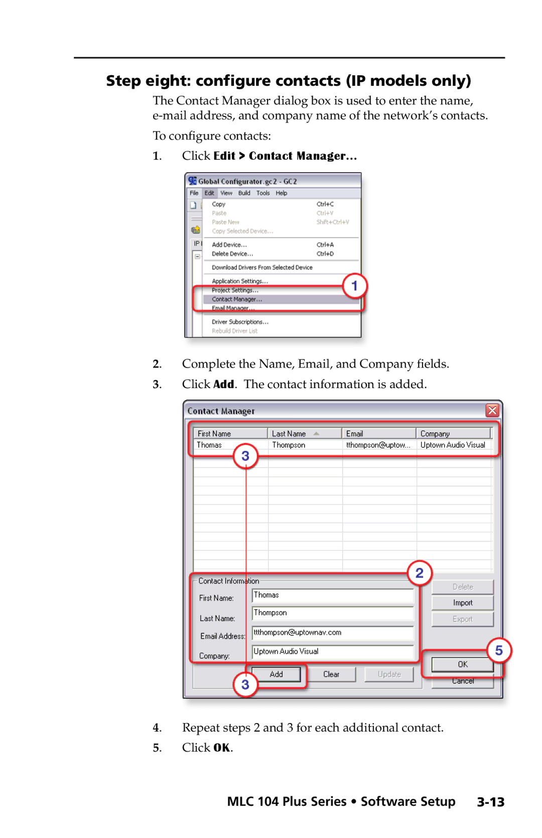 Extron electronic MLC 104 Plus Series setup guide Step eight configure contacts IP models only, Click Edit Contact Manager 