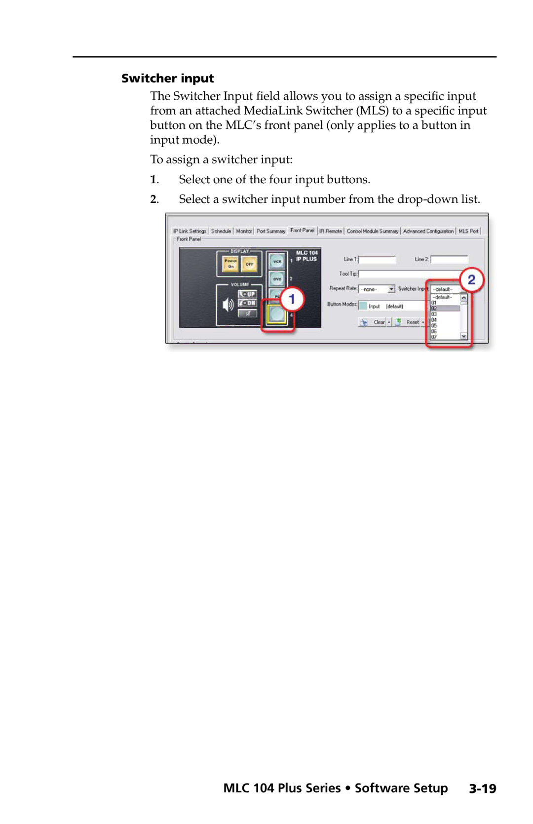 Extron electronic MLC 104 Plus Series setup guide Switcher input 