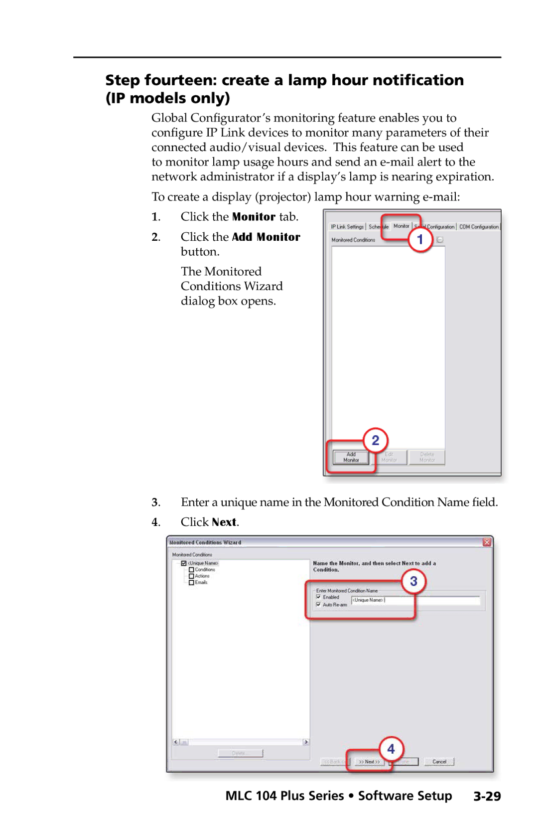 Extron electronic MLC 104 Plus Series setup guide Step fourteen create a lamp hour notification IP models only 