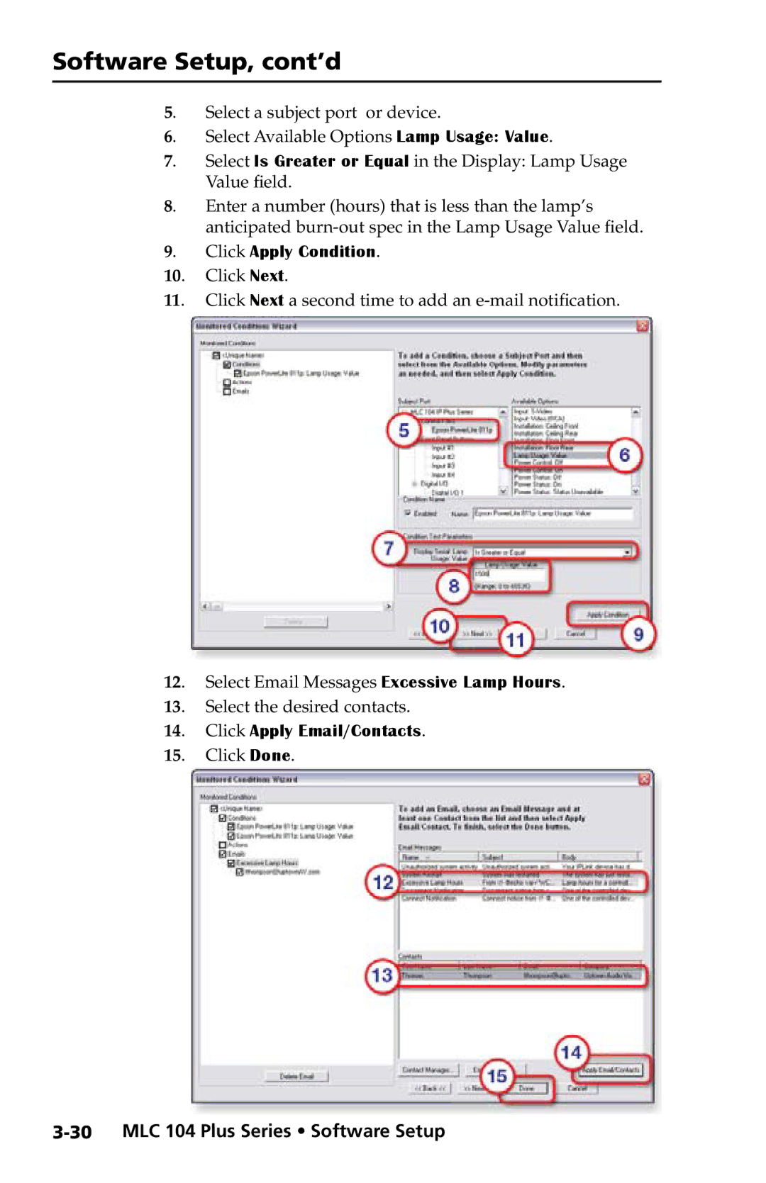 Extron electronic MLC 104 Plus Series setup guide Click Apply Condition, Click Apply Email/Contacts 