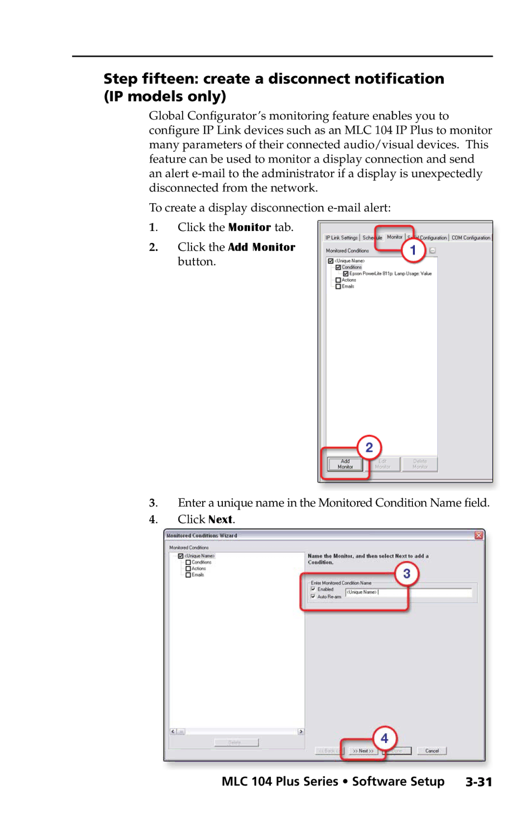 Extron electronic MLC 104 Plus Series setup guide Step fifteen create a disconnect notification IP models only 