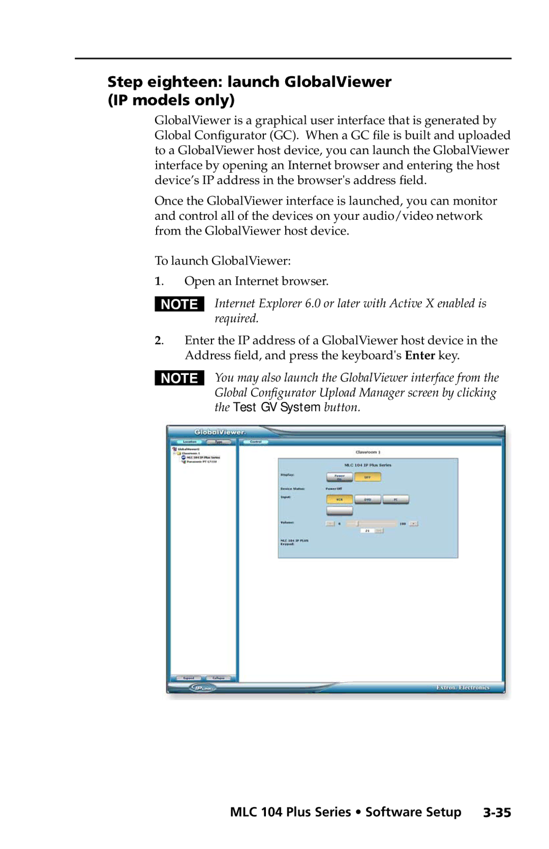 Extron electronic MLC 104 Plus Series setup guide Step eighteen launch GlobalViewer IP models only 