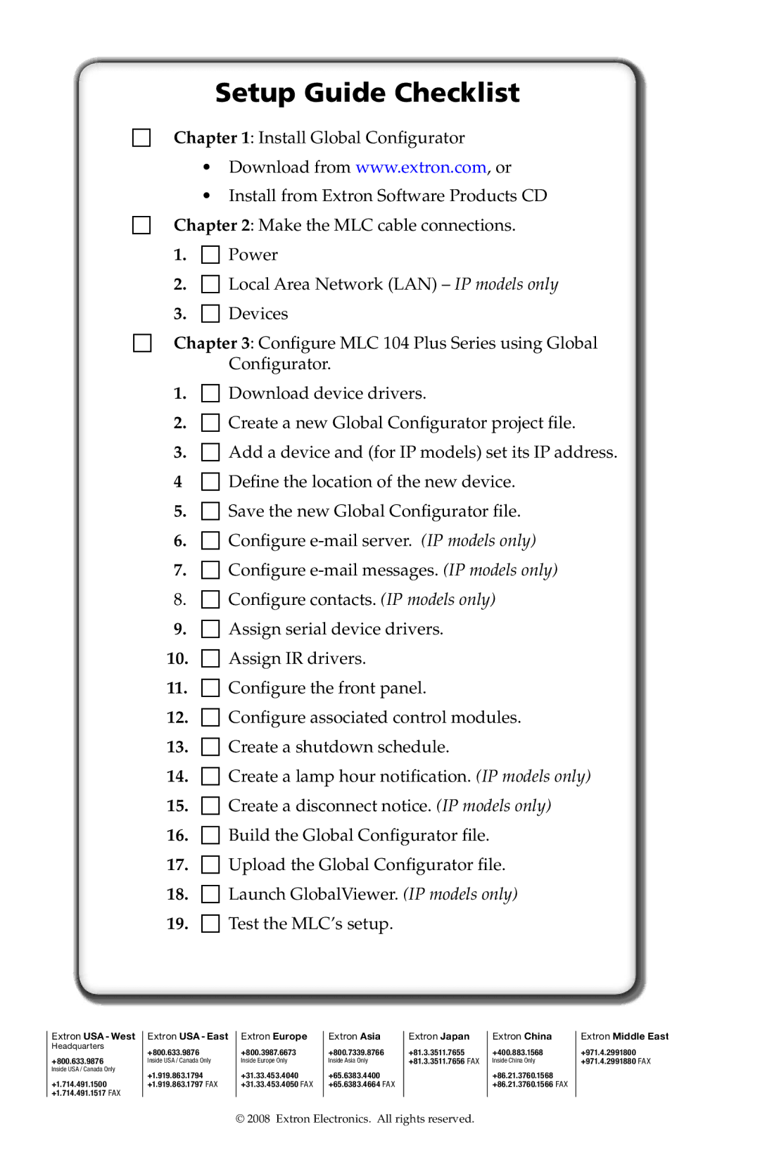 Extron electronic MLC 104 Plus Series setup guide Setup Guide Checklist 