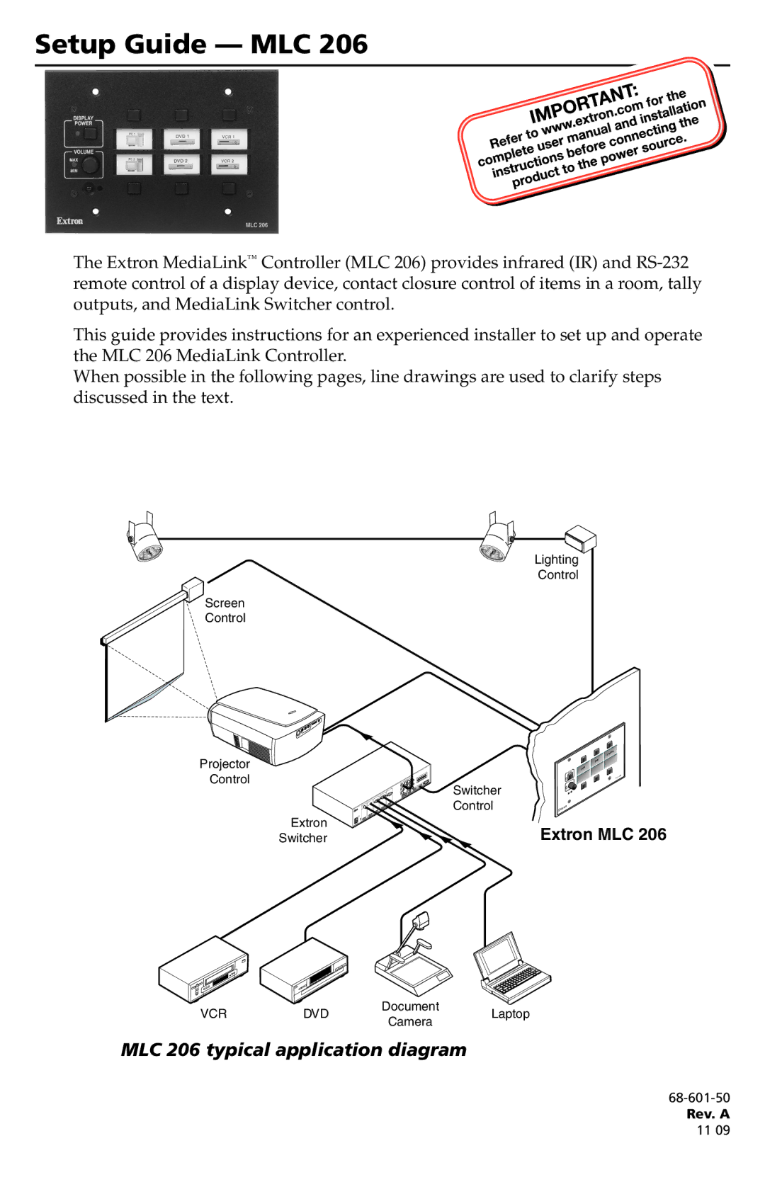 Extron electronic MLC 206 setup guide Setup Guide -­ MLC 