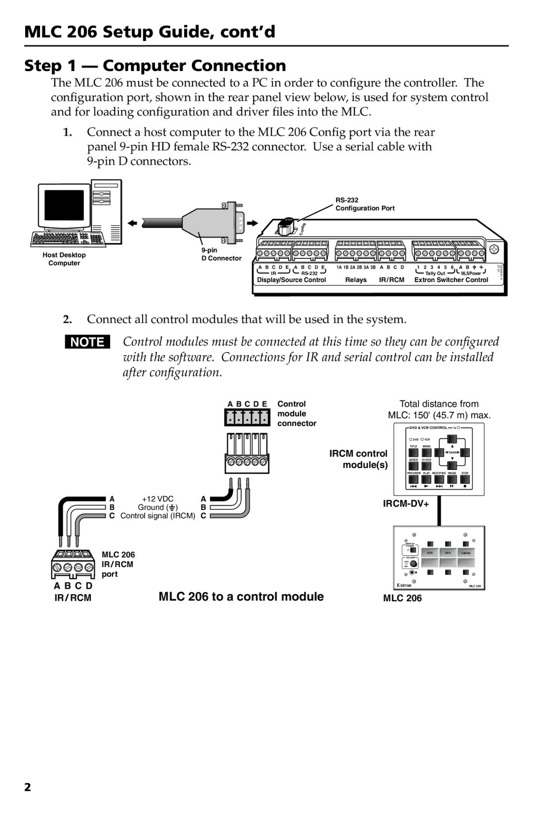 Extron electronic setup guide MLC 206 Setup Guide, cont’d, Computer Connection 