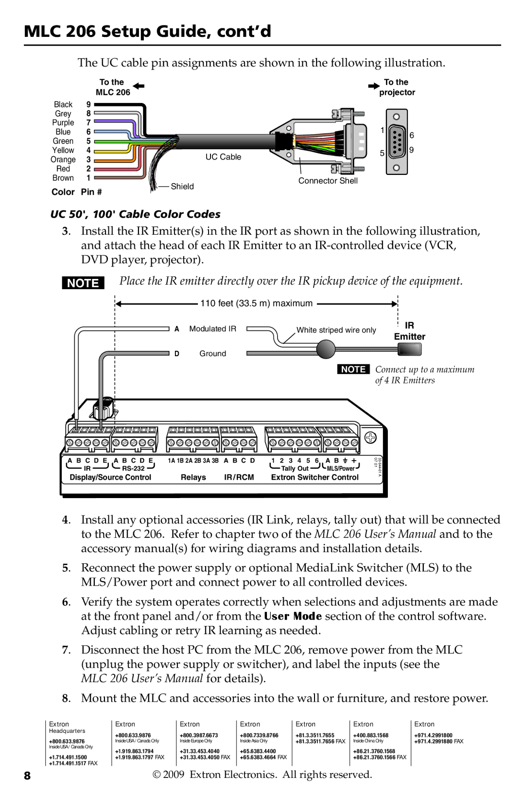 Extron electronic MLC 206 setup guide UC 50, 100 Cable Color Codes 