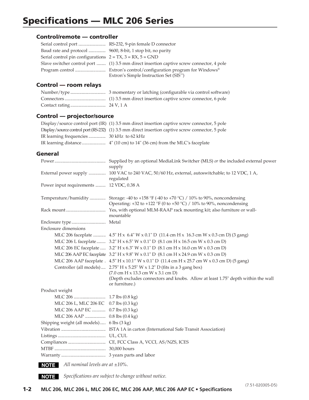 Extron electronic specifications Specifications MLC 206 Series, Control/remote controller, Control room relays, General 