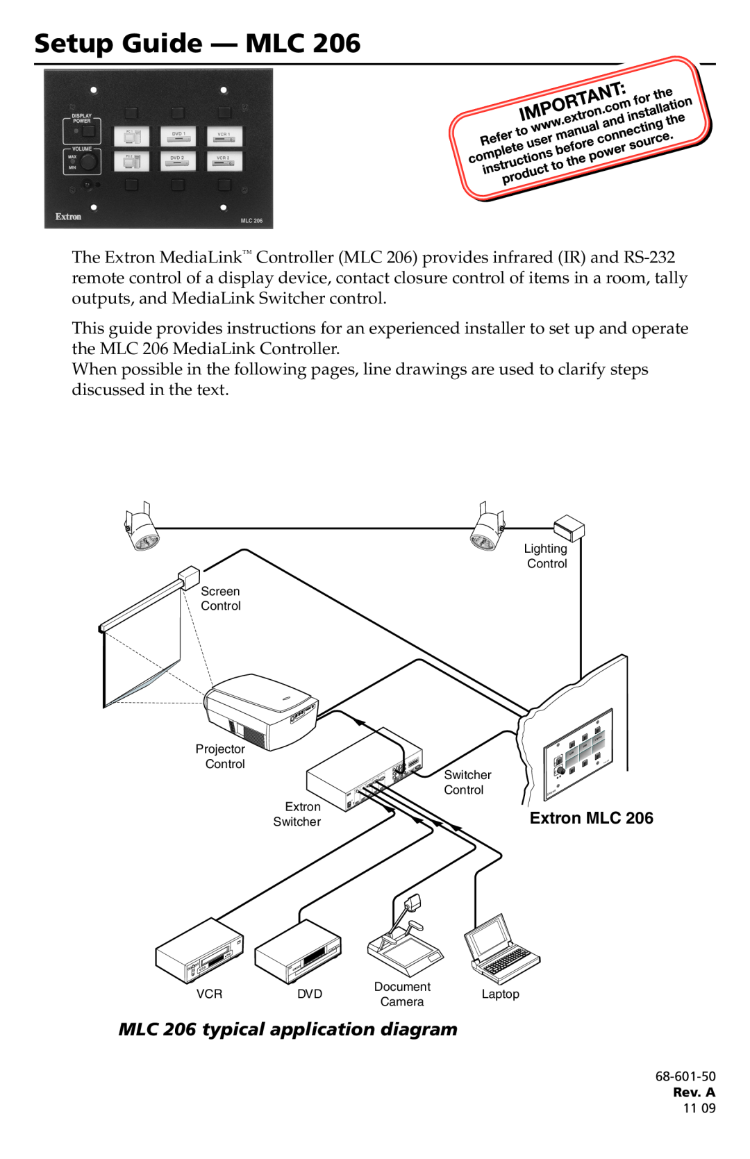Extron electronic setup guide Extron MLC, Setup Guide -­MLC, MLC 206 typical application diagram 