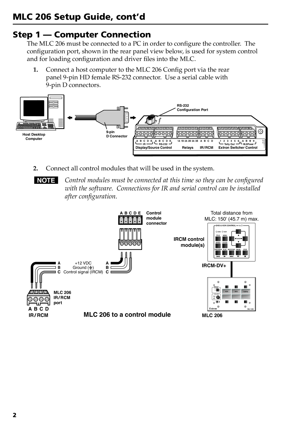 Extron electronic setup guide MLC 206 Setup Guide, cont’d, Computer Connection, MLC 206 to a control module 