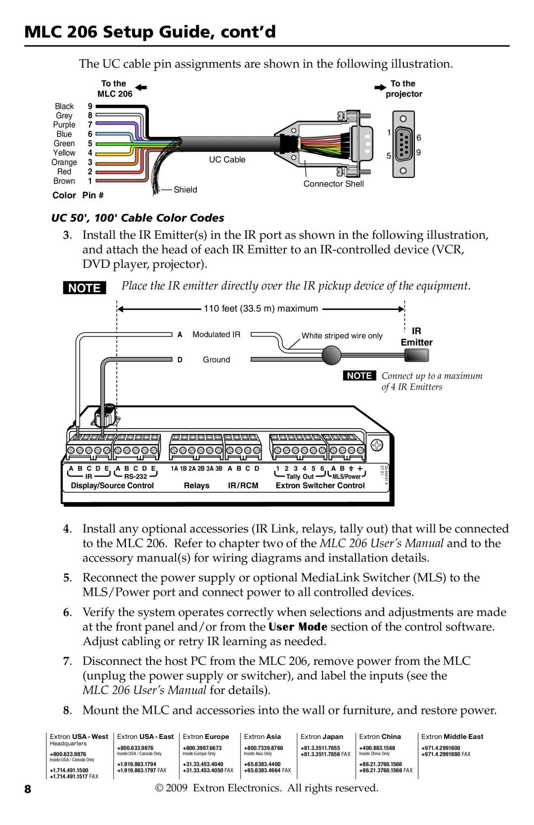 Extron electronic MLC 206 Setup Guide, cont’d, UC 50, 100 Cable Color Codes, Extron Electronics. All rights reserved 
