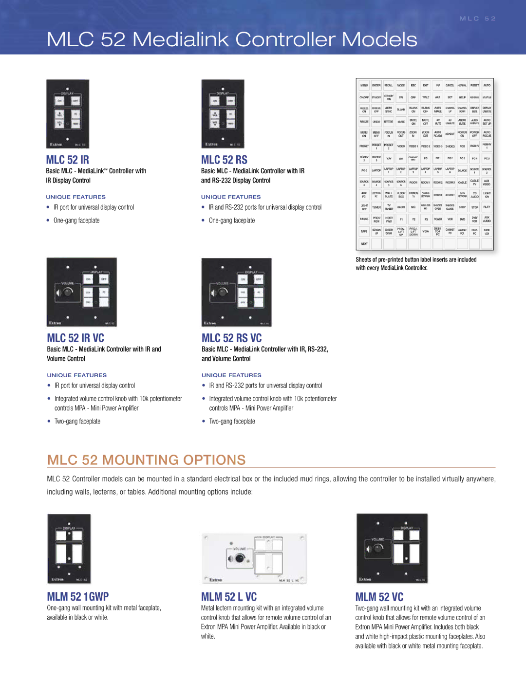 Extron electronic MLC 52 RS, MLC 52 IR manual MLC 52 Medialink Controller Models 