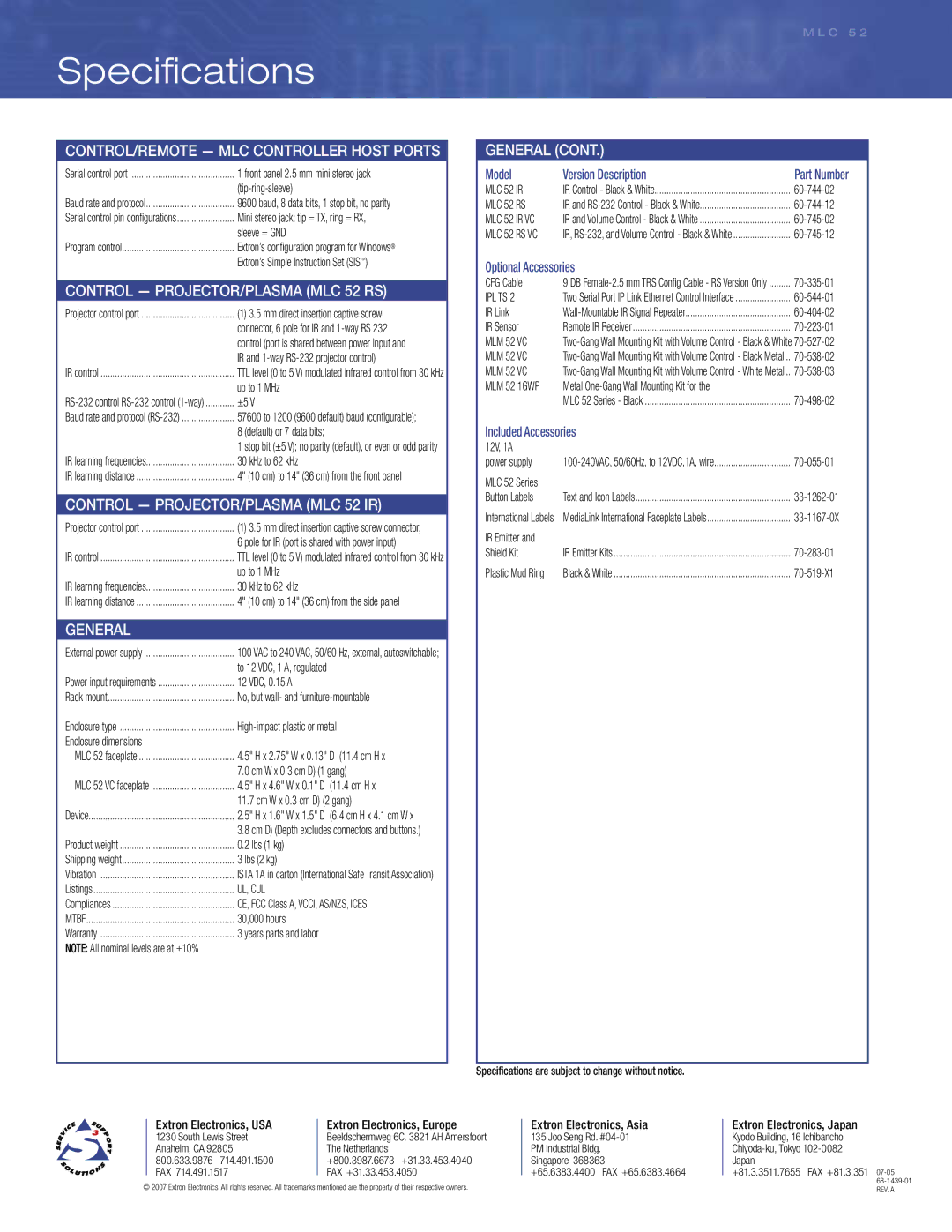 Extron electronic MLC 52 RS manual Specifications, Model Version Description, Optional Accessories, Included Accessories 