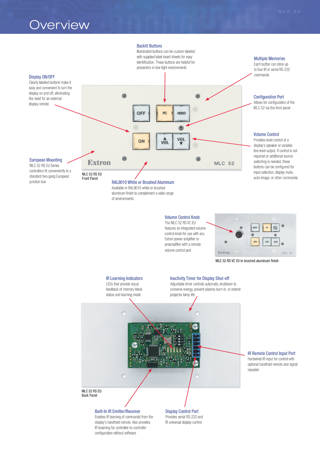 Extron electronic MLC 52 RS EU, MLC 52 RS VC EU manual Overview, Display Control Port 