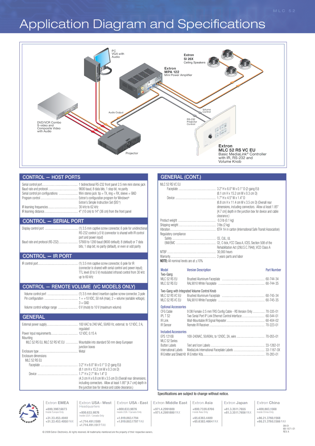 Extron electronic MLC 52 RS VC EU, MLC 52 RS EU manual Application Diagram and Speciﬁ cations, Model Version Description 