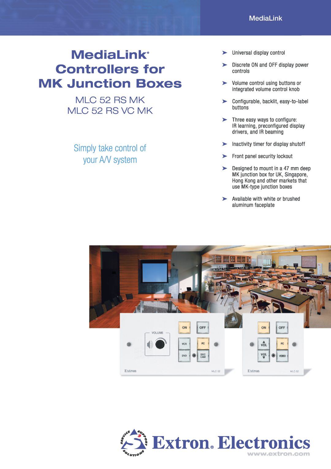 Extron electronic MLC 52 RS MK manual MediaLink Controllers for MK Junction Boxes, Simply take control of your A/V system 