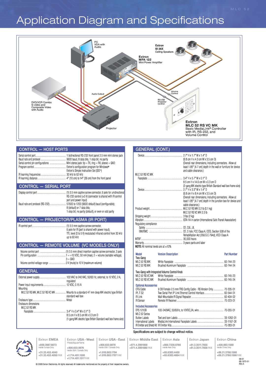 Extron electronic MLC 52 RS VC MK Application Diagram and Speciﬁ cations, specifications, Control - Host Ports, General 