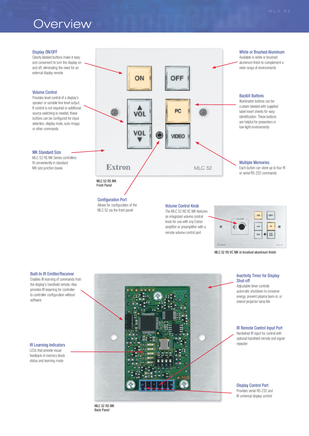 Extron electronic MLC 52 RS MK, MLC 52 RS VC MK manual Overview, Display ON/OFF 