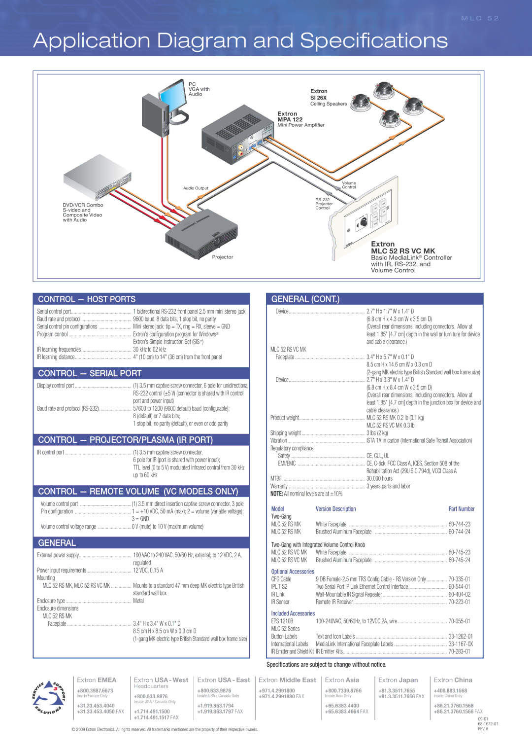 Extron electronic MLC 52 RS VC MK, MLC 52 RS MK manual Application Diagram and Speciﬁ cations, Mpa 