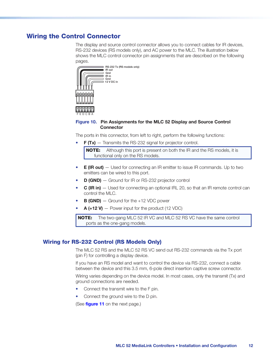 Extron electronic MLC 52 manual Wiring the Control Connector, Wiring for RS-232 Control RS Models Only 