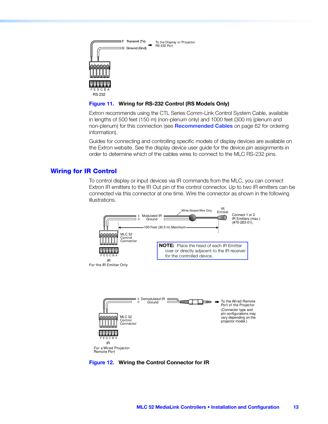 Extron electronic MLC 52 manual Wiring for IR Control 