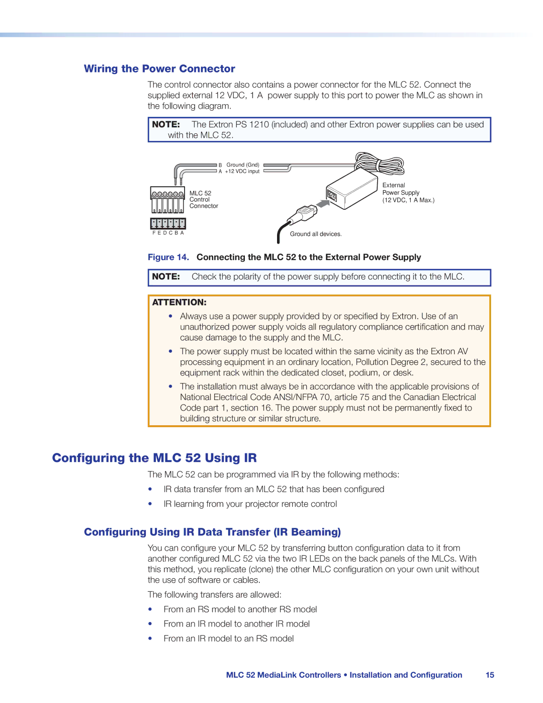 Extron electronic manual Configuring the MLC 52 Using IR, Wiring the Power Connector 