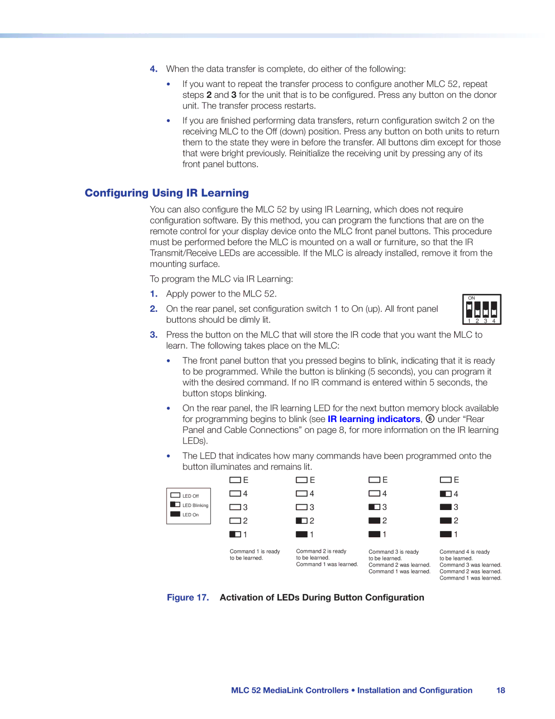 Extron electronic MLC 52 manual Configuring Using IR Learning, Activation of LEDs During Button Configuration 