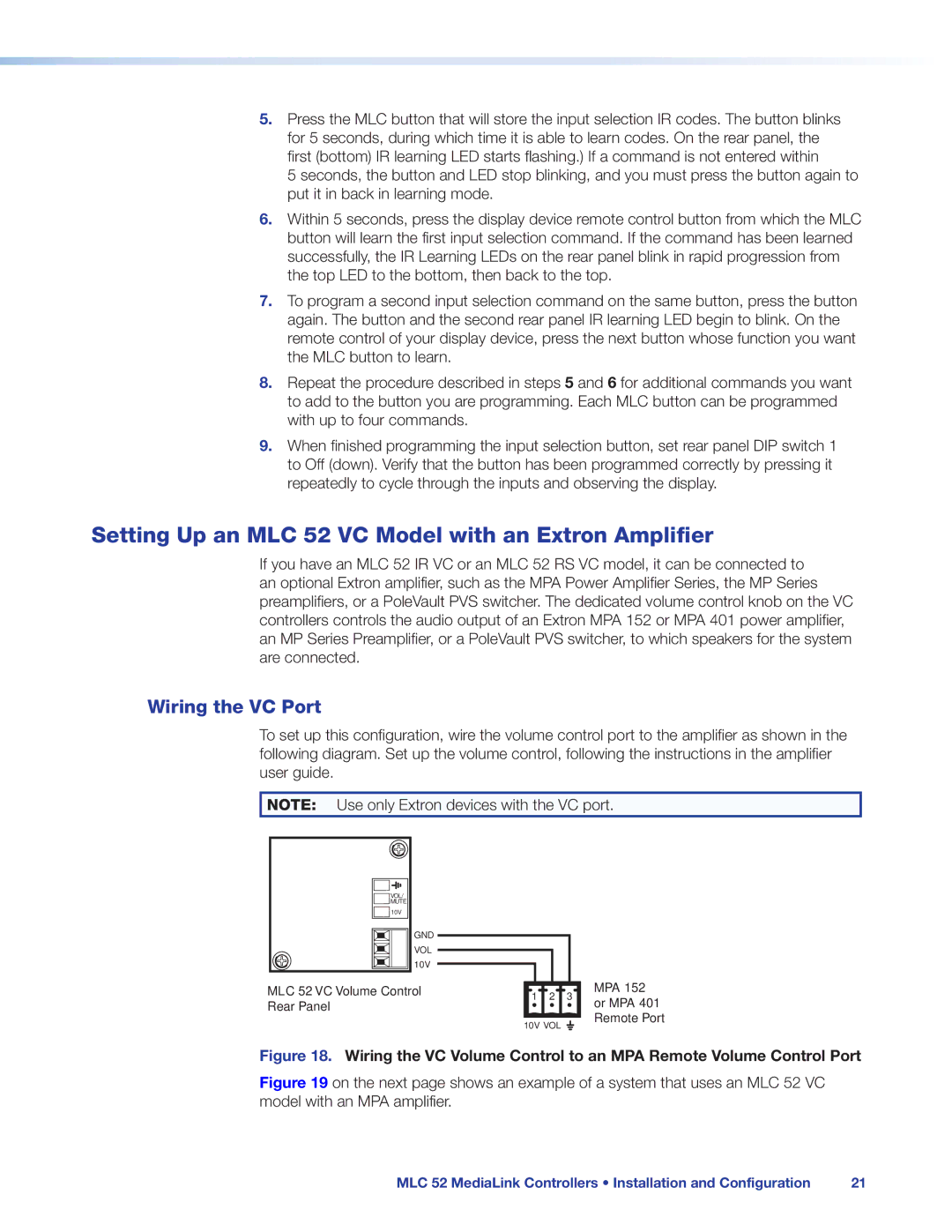 Extron electronic manual Setting Up an MLC 52 VC Model with an Extron Amplifier, Wiring the VC Port 