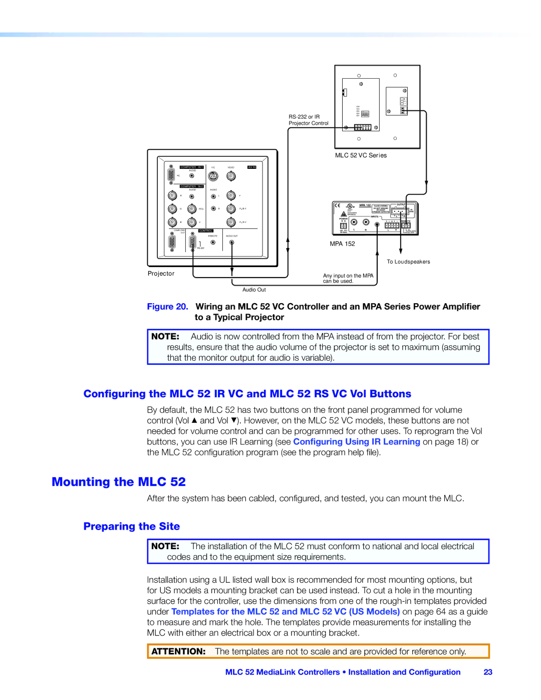 Extron electronic manual Mounting the MLC, Configuring the MLC 52 IR VC and MLC 52 RS VC Vol Buttons, Preparing the Site 