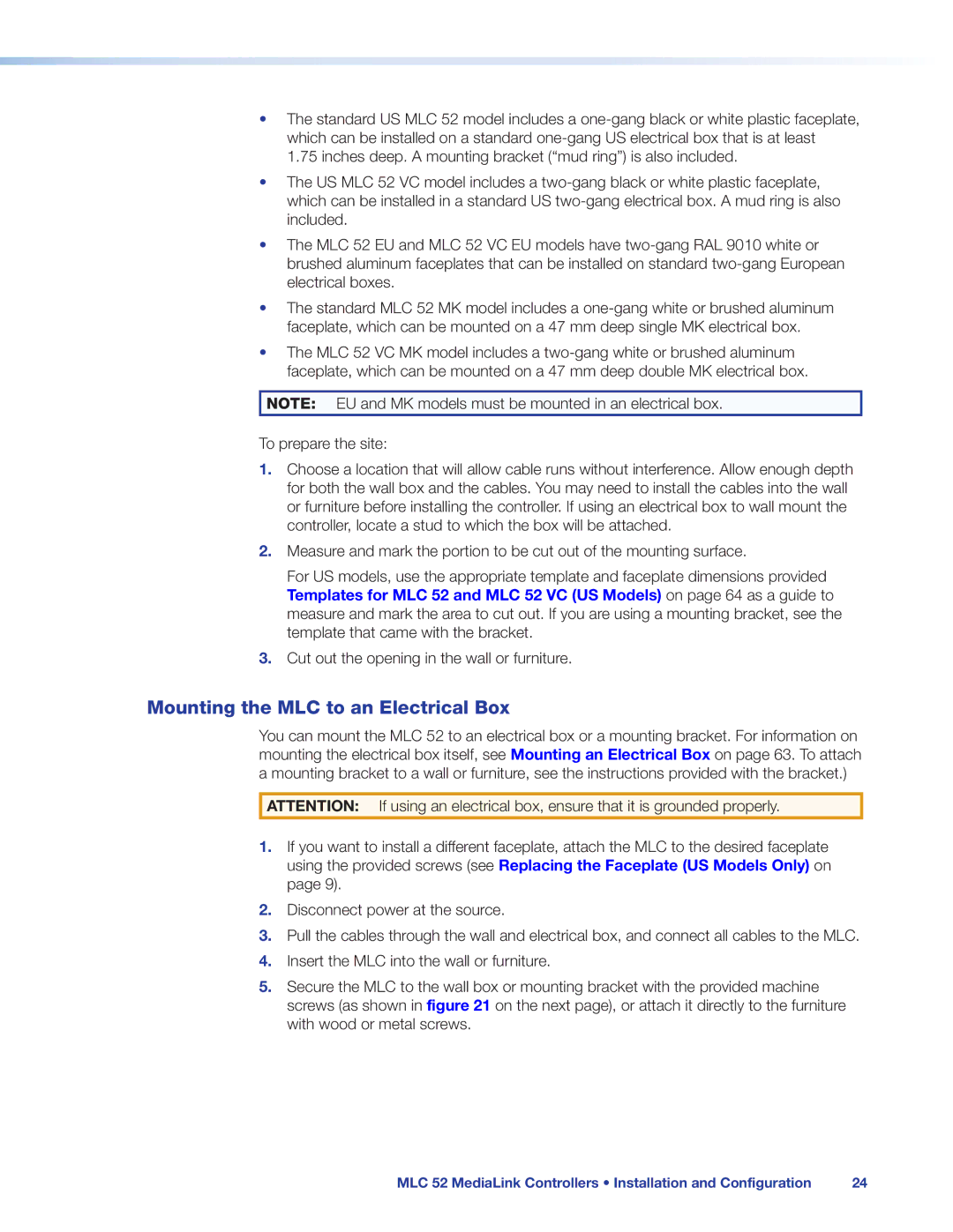 Extron electronic MLC 52 manual Mounting the MLC to an Electrical Box 