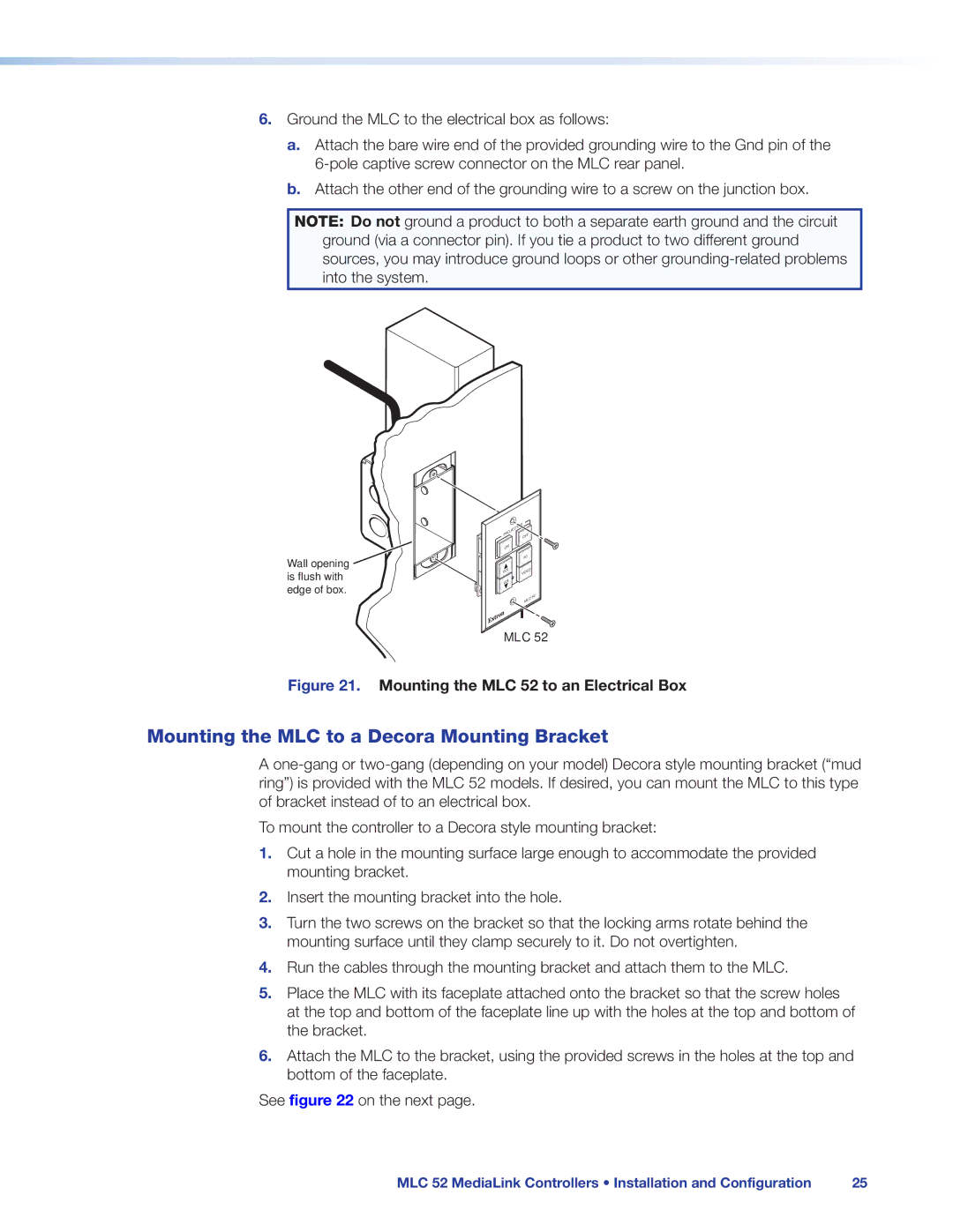 Extron electronic manual Mounting the MLC to a Decora Mounting Bracket, Mounting the MLC 52 to an Electrical Box 