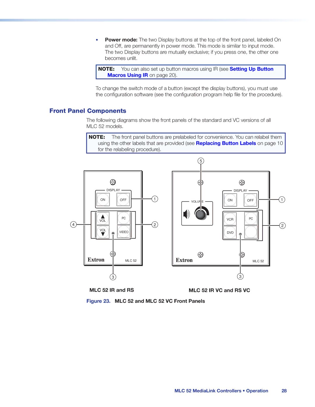 Extron electronic manual Front Panel Components, MLC 52 IR and RS MLC 52 IR VC and RS VC 