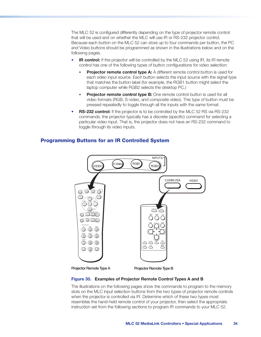 Extron electronic MLC 52 manual Programming Buttons for an IR Controlled System 