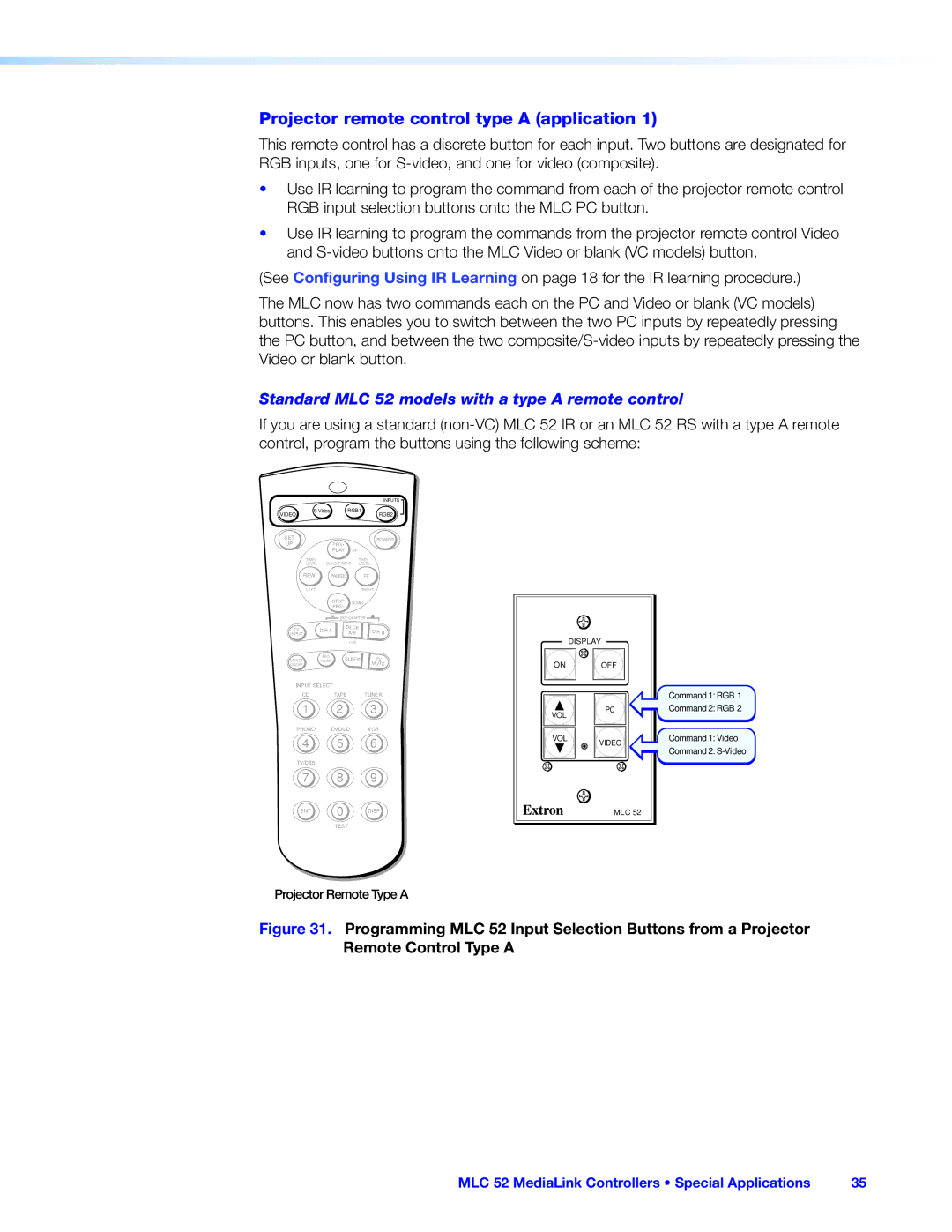 Extron electronic Projector remote control type a application, Standard MLC 52 models with a type a remote control 