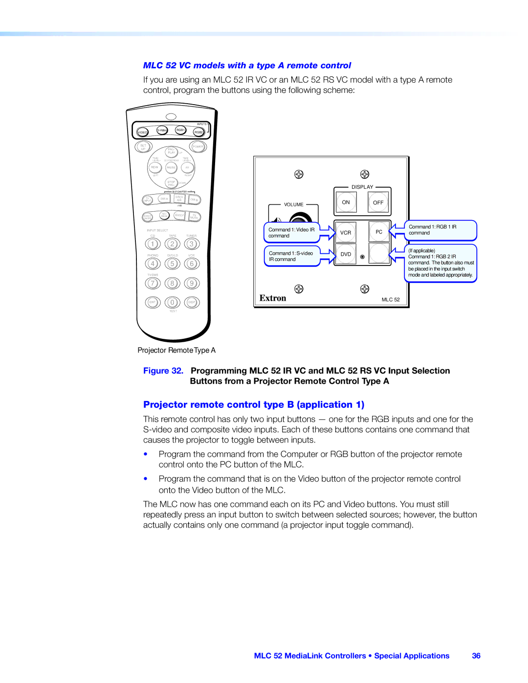 Extron electronic manual Projector remote control type B application, MLC 52 VC models with a type a remote control 