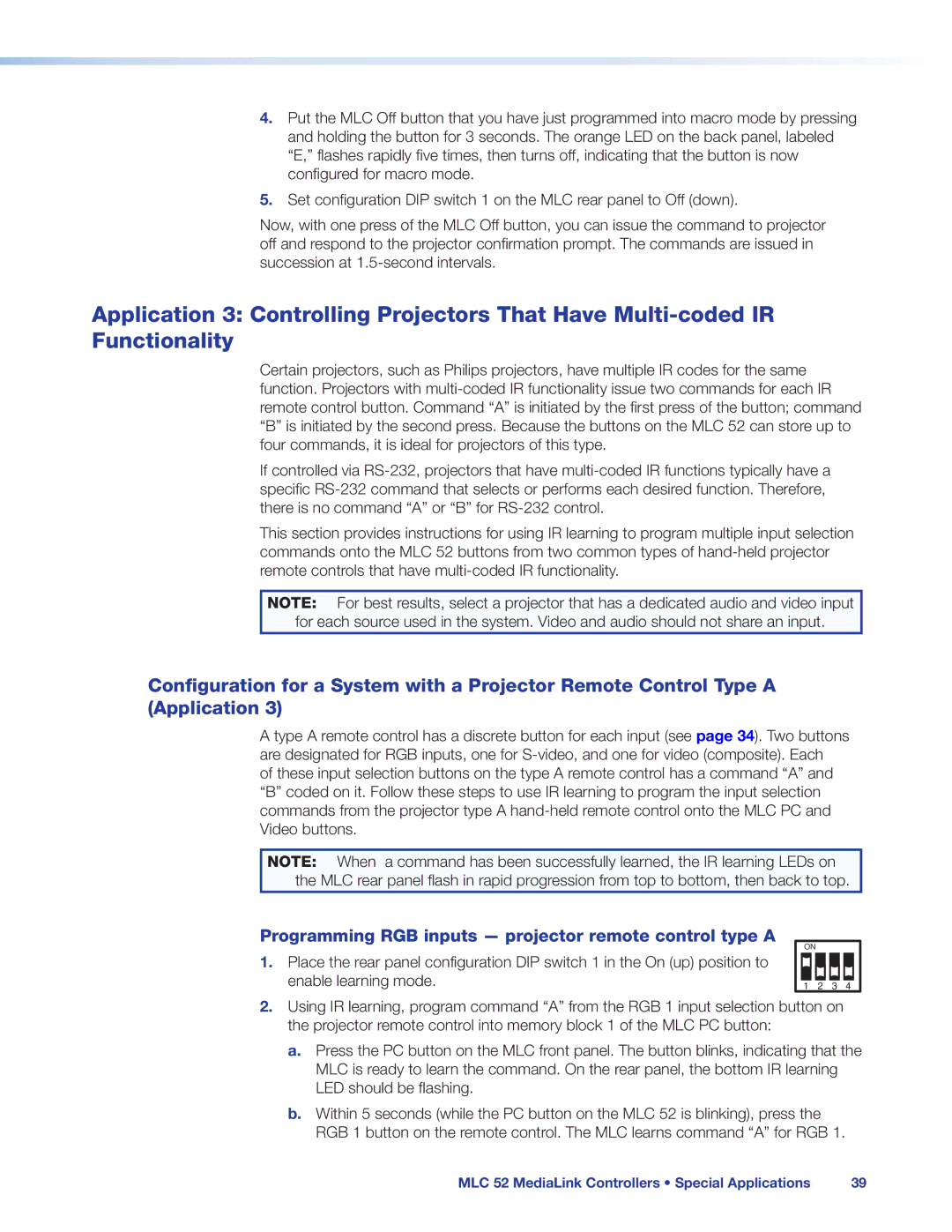 Extron electronic MLC 52 manual Programming RGB inputs projector remote control type a 