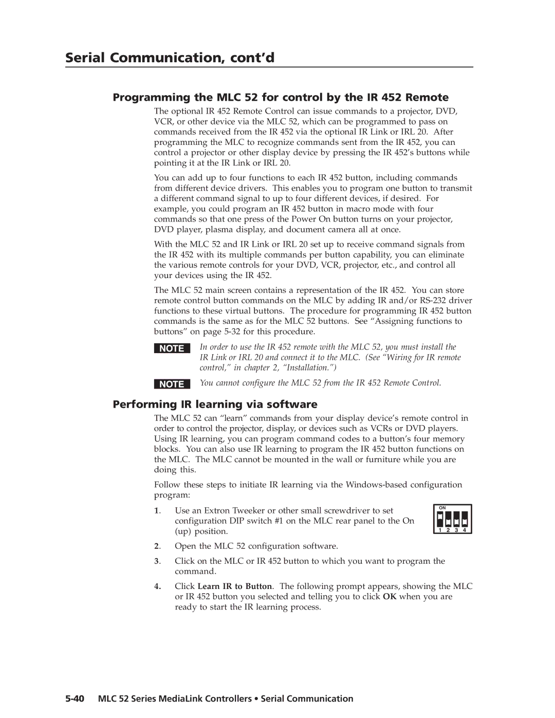 Extron electronic manual Programming the MLC 52 for control by the IR 452 Remote, Performing IR learning via software 